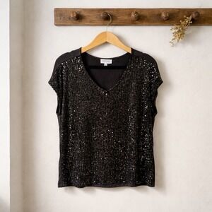 Carmen Marc Valvo Sequin Top Women XL Black Excellent V-Neck Cap Sleeve Blouse